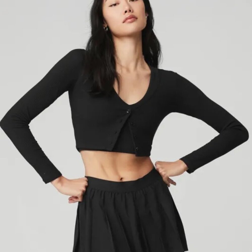 Alo Yoga Black Whisper Ribbed cropped cardigan XS